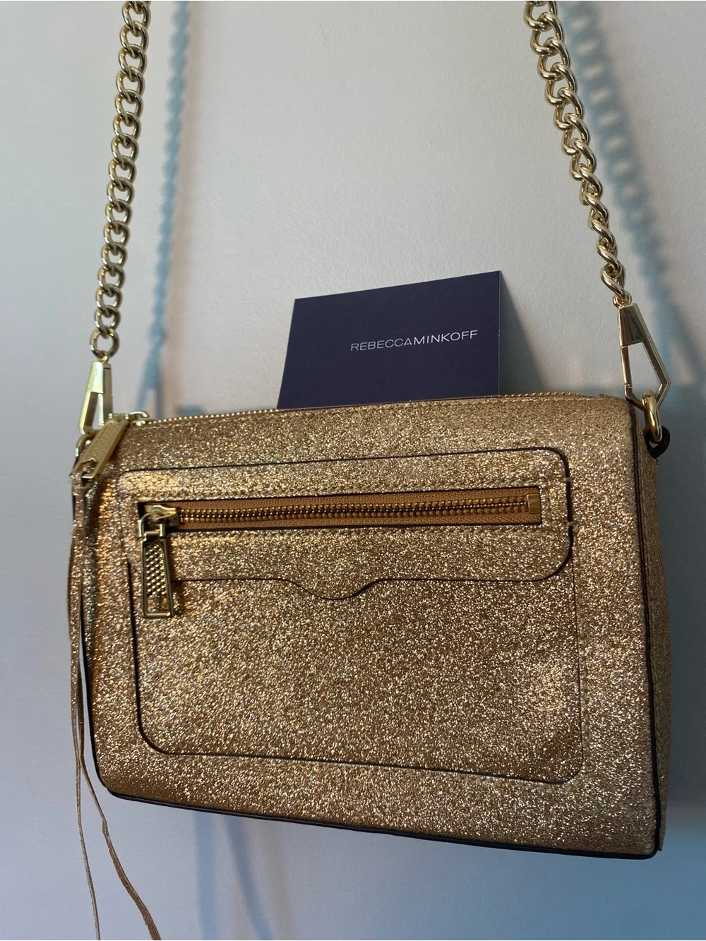 REBECCA MINKOFF LEATHER GLITTER AVERY CROSSBODY ROSE GOLD